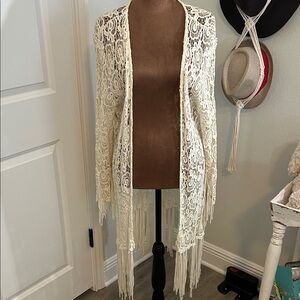 BKE Crochet Fringe Lace Kimono Cardigan - Cream